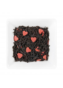Thé noir de Chine non fumé aromatisé à la myrtille et aux fruits noirs avec des petits coeurs en sucre.